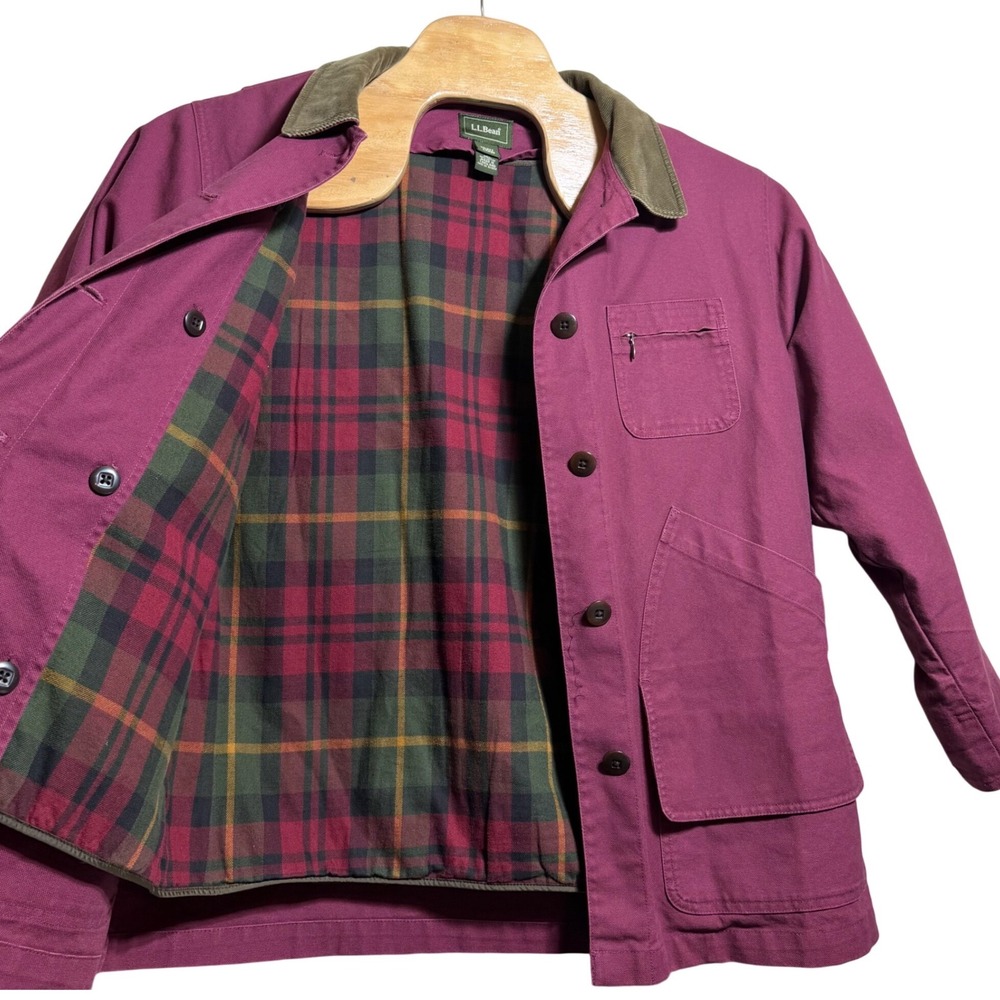 LL Bean Womens Petite Large Barn Coat Plum Purple Canvas Plaid Lined Jacket